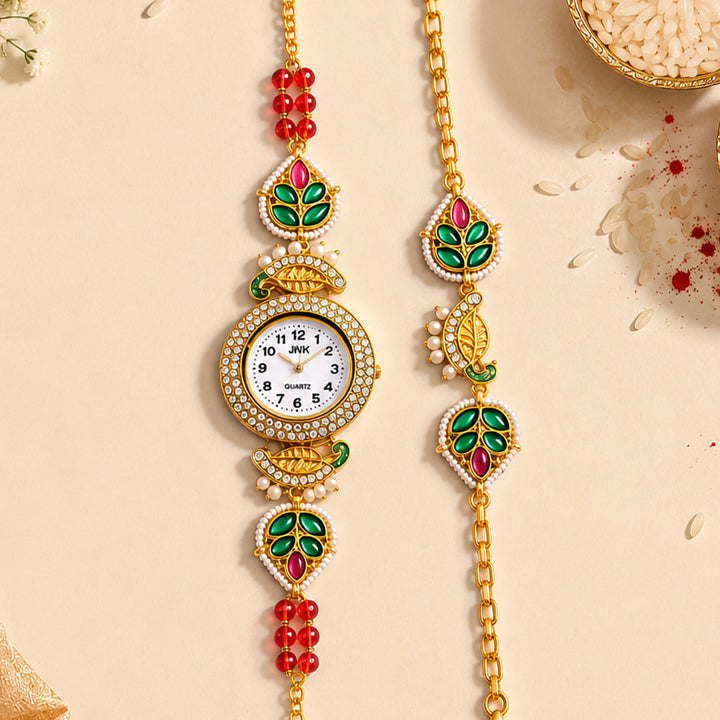 Handmade Kundan & Pearl Royal Heritage Rakhi & Bhabhi Watch Gift Box For Bhaiya Bhabhi | Set of 2