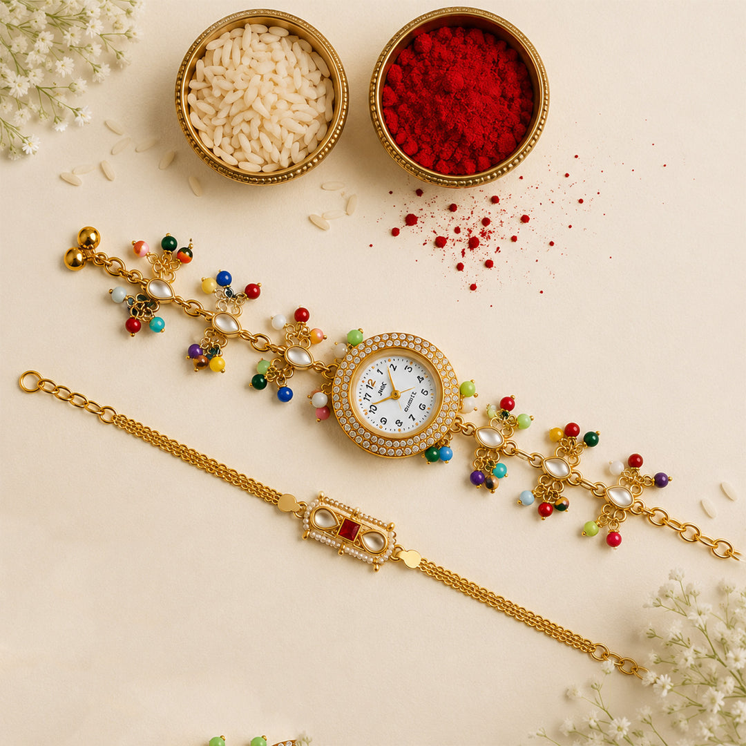Handmade Kundan & Pearl Rajsi Bandhan Royal Rakhi & Bhabhi Watch Combo For Bhaiya Bhabhi | Set of 2