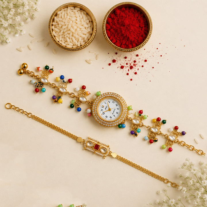 Handmade Kundan & Pearl Rajsi Bandhan Royal Rakhi & Bhabhi Watch Combo For Bhaiya Bhabhi | Set of 2