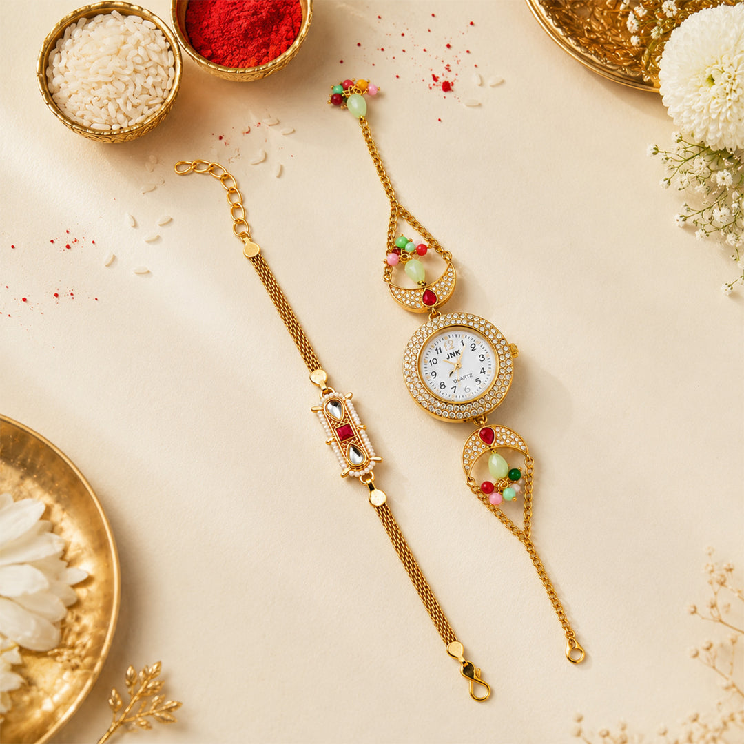 Handmade Kundan & Pearl Golden Heirloom Rakhi & Bhabhi Watch Combo For Bhaiya Bhabhi | Set of 2