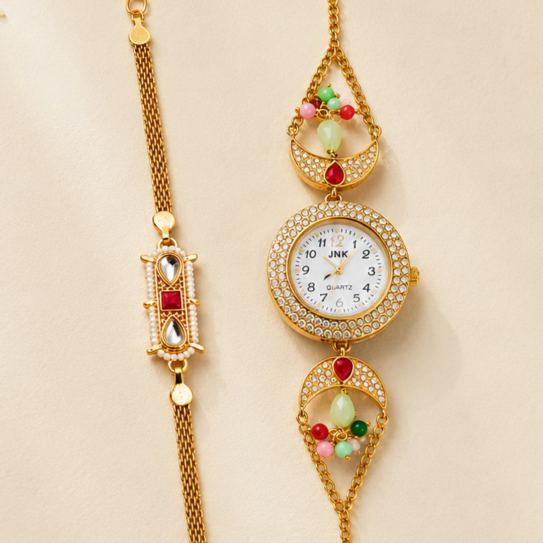 Handmade Kundan & Pearl Golden Heirloom Rakhi & Bhabhi Watch Combo For Bhaiya Bhabhi | Set of 2