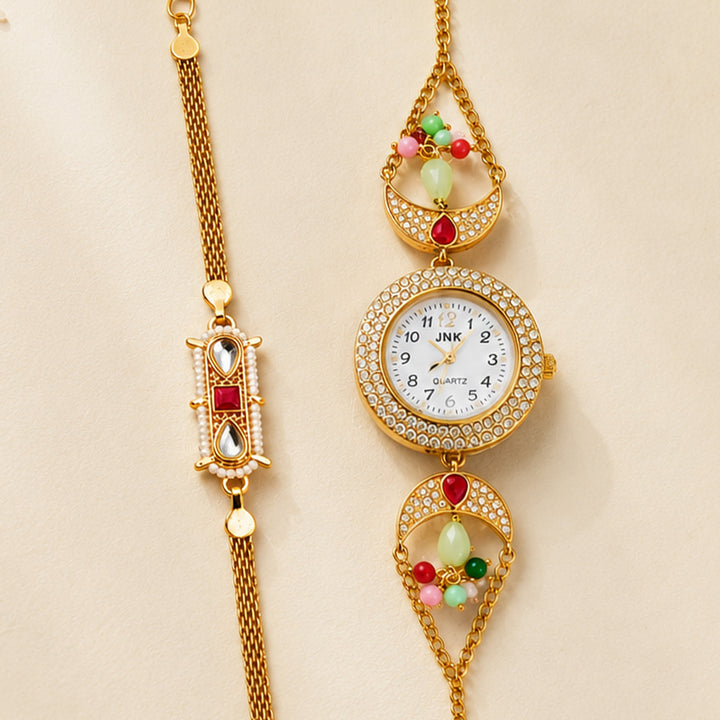 Handmade Kundan & Pearl Golden Heirloom Rakhi & Bhabhi Watch Combo For Bhaiya Bhabhi | Set of 2