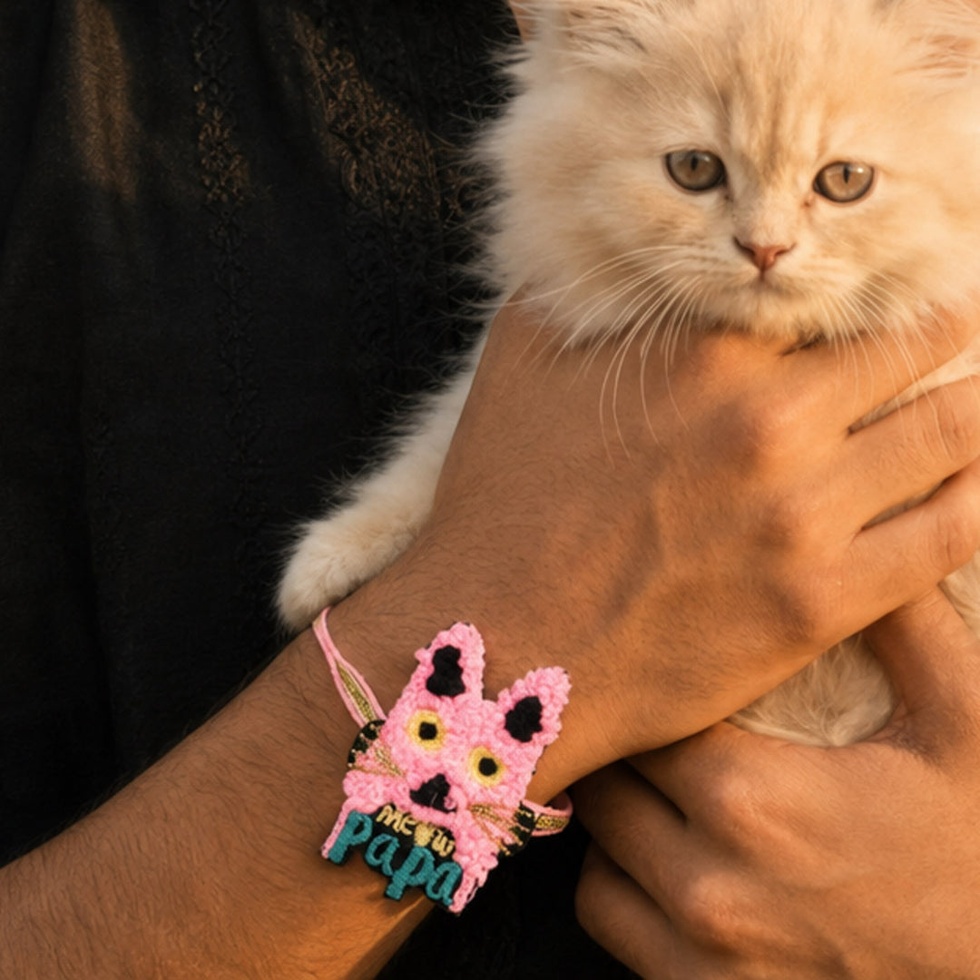 Handmade Thread Embroidered "Meow Papa" Reusable Rakhi Magnet For Brother