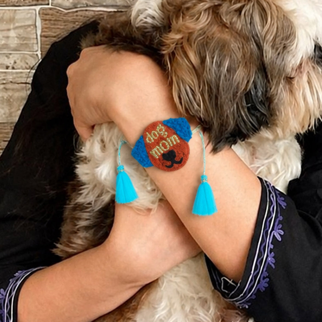 Handmade Thread Embroidered "Dog Mom" Reusable Rakhi Magnet For Sister