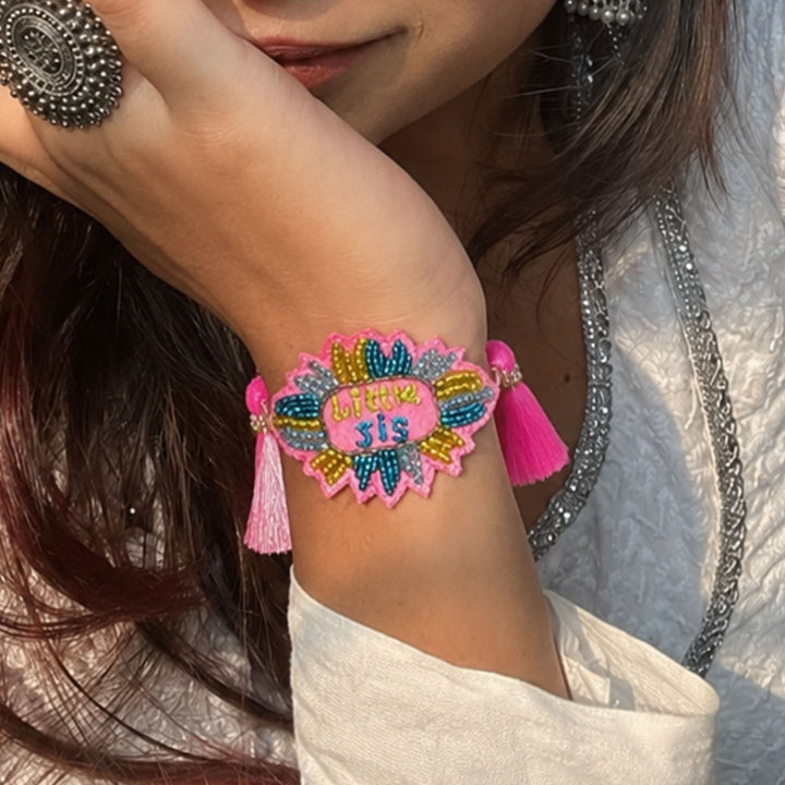 Handmade Beaded "Little Sis" Reusable Rakhi Magnet For Sister