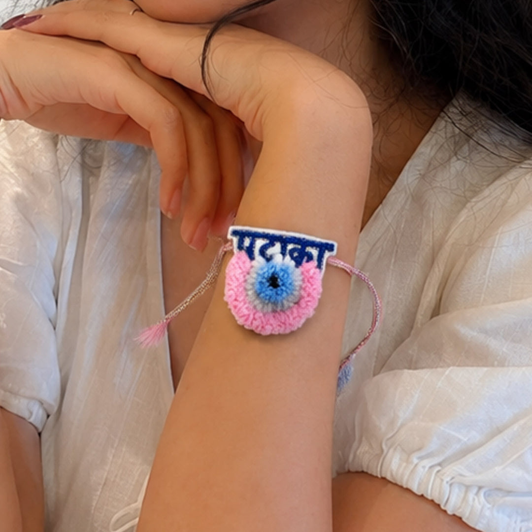 Handmade Thread Embroidered "Pataka Evil Eye" Reusable Rakhi Magnet For Brother