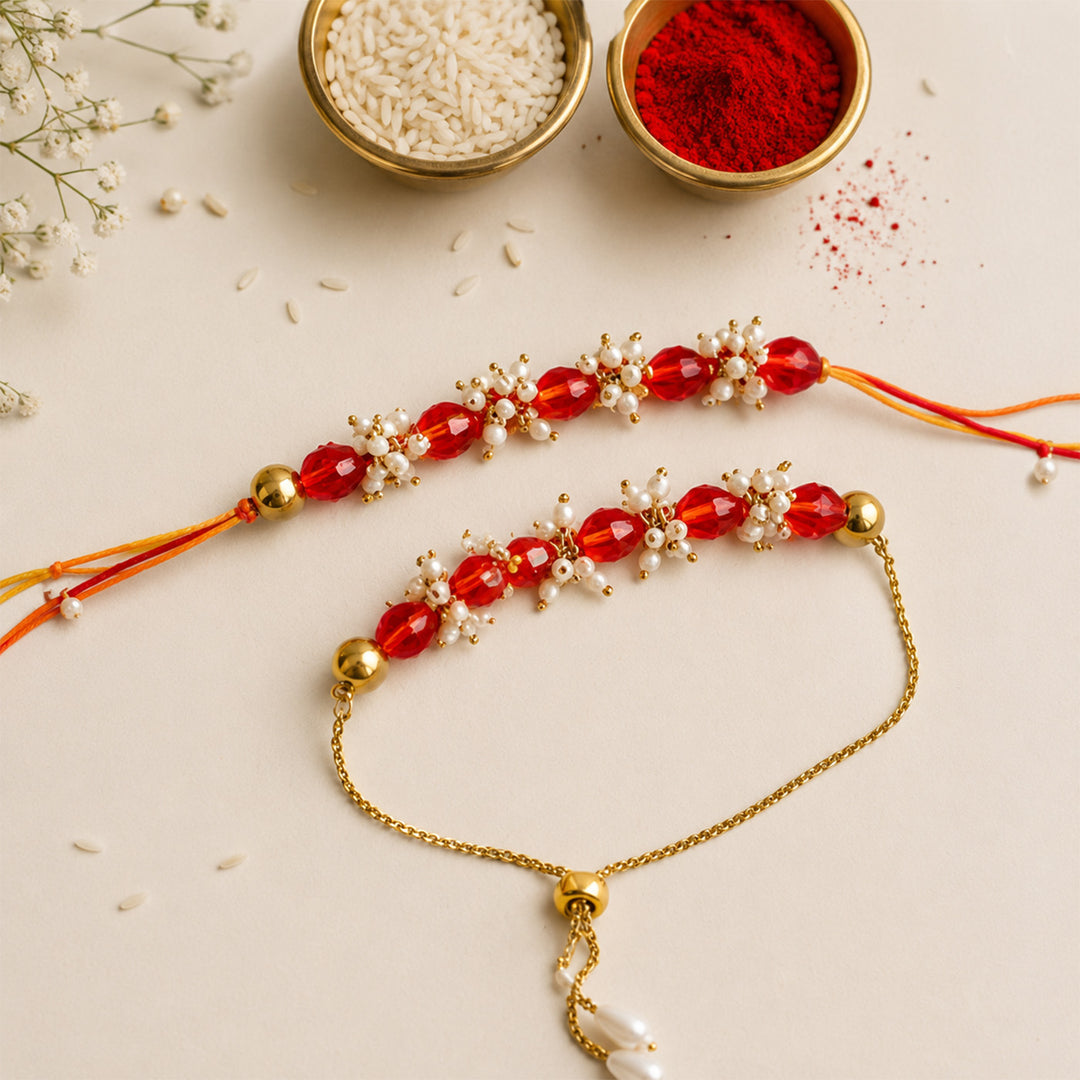 Hand-Knotted Red Beaded Rakhi & Lumba Set For Bhaiya Bhabhi | Set of 2