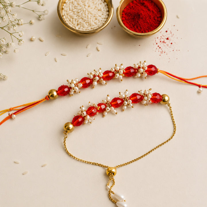Hand-Knotted Red Beaded Rakhi & Lumba Set For Bhaiya Bhabhi | Set of 2