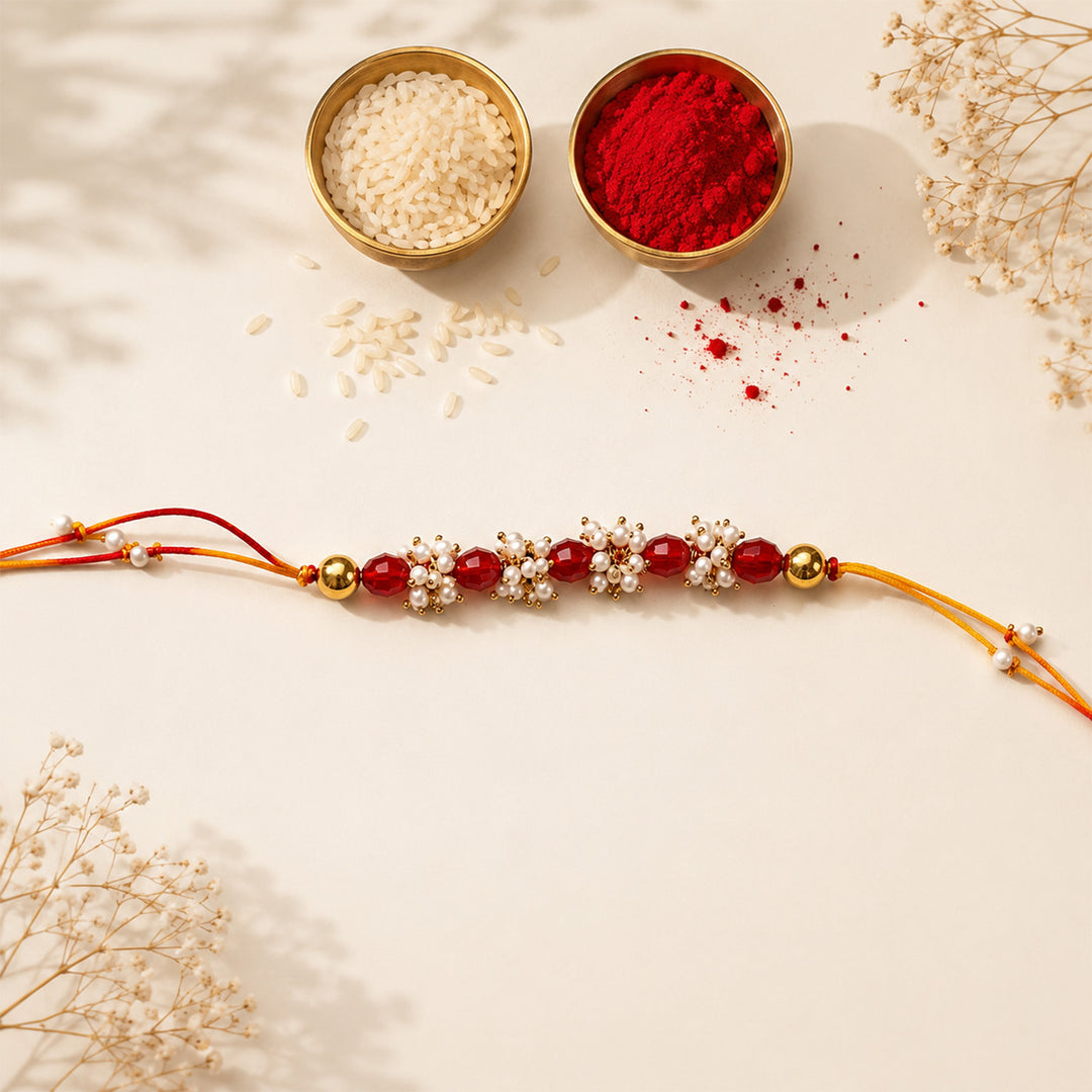 Hand-Knotted Red Beaded Rakhi With Roli Chawal For Brother