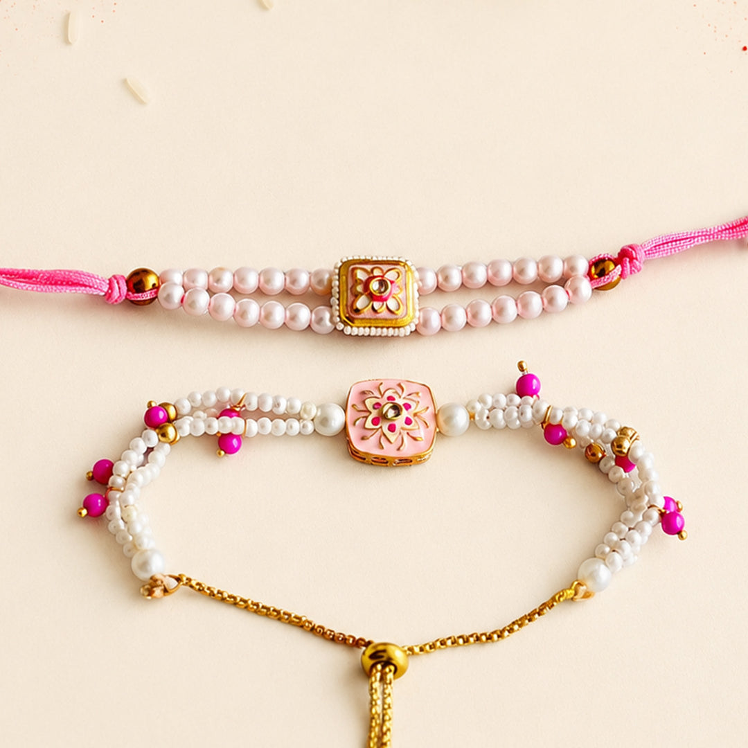 Hand-Knotted Pearl Beaded Rakhi & Lumba Set With Roli Chawal For Bhaiya Bhabhi