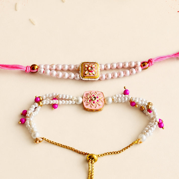 Hand-Knotted Pearl Beaded Rakhi & Lumba Set With Roli Chawal For Bhaiya Bhabhi