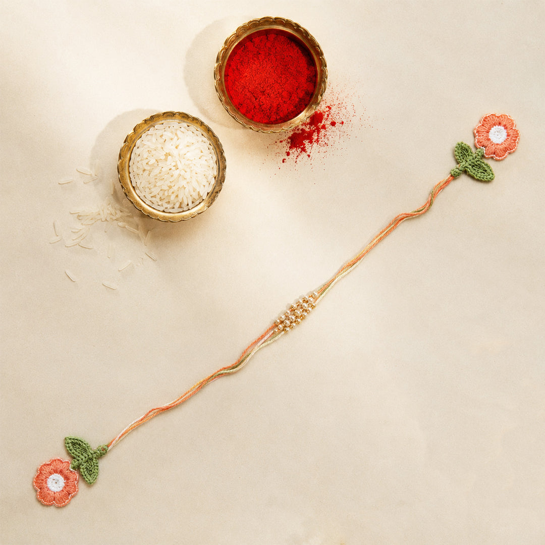 Handmade Threadwork Floral Latkan Rakhi With Roli Chawal For Kids/Bhabhi