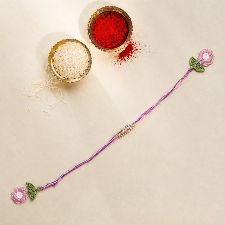 Handmade Threadwork Floral Latkan Rakhi With Roli Chawal For Kids/Bhabhi