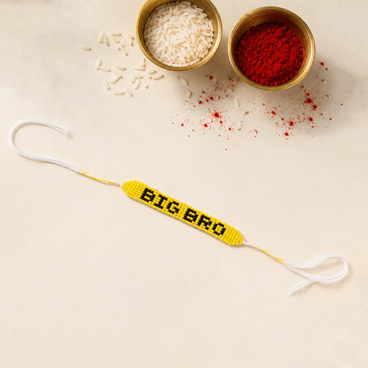 Hand Beaded Big Bro Theme Yellow Bracelet Rakhi With Roli Chawal For Brother