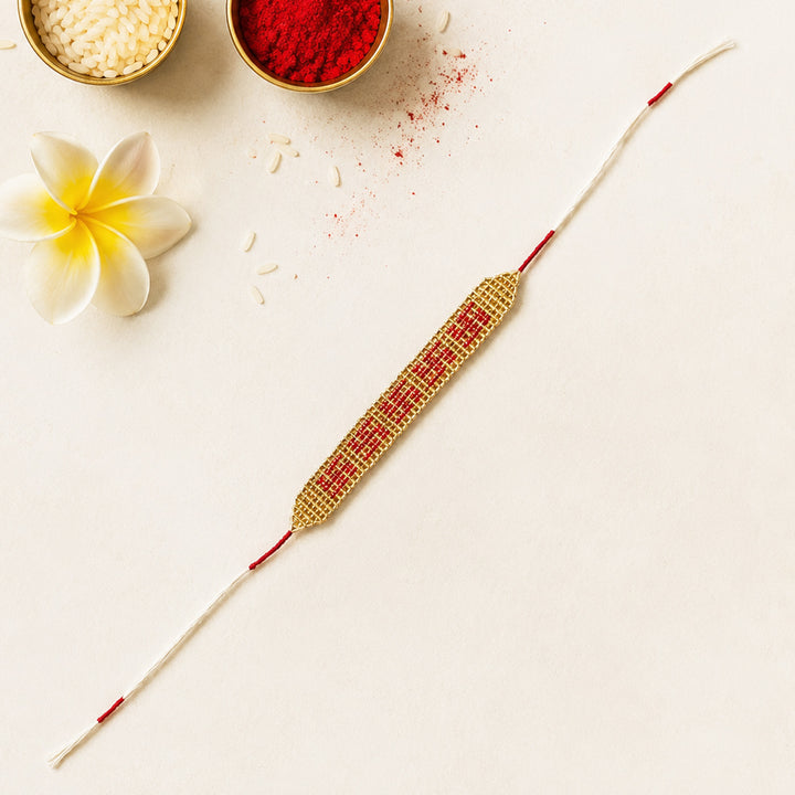 Hand Beaded Auspicious Swastik Golden Bracelet Rakhi With Roli Chawal For Brother
