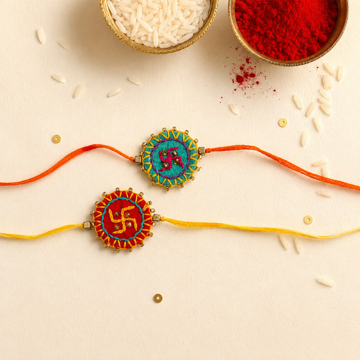 2 Pc | Hand Embroidered Swastika Mandala Rakhis With Roli Chawal For Brother