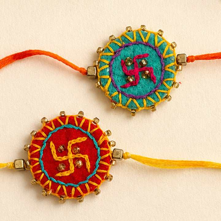 2 Pc | Hand Embroidered Swastika Mandala Rakhis With Roli Chawal For Brother