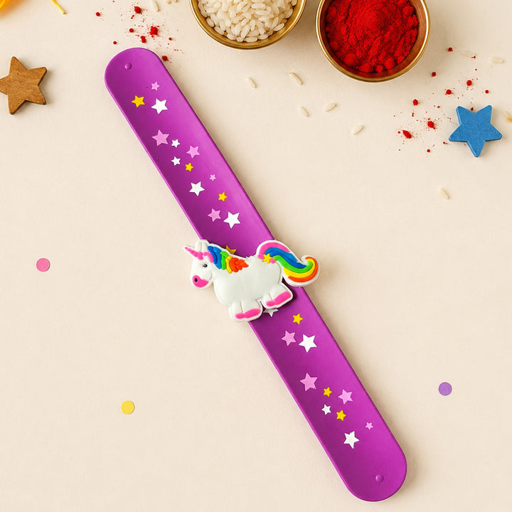 Handmade Purple Unicorn Silicone Slap Band Rakhi For Kids With Roli Chawal For Brother