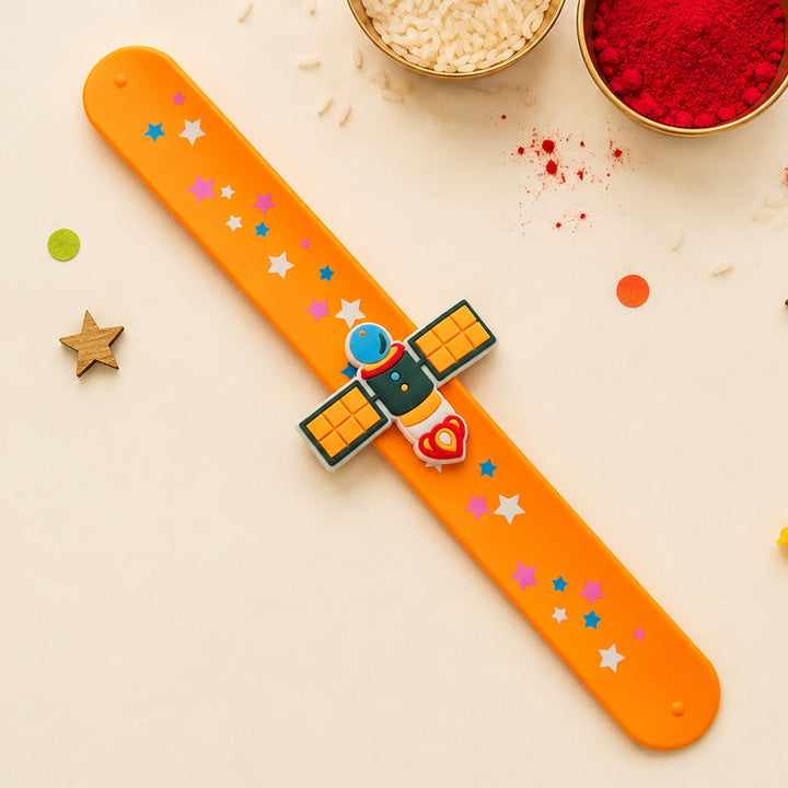 Handmade Satellite Silicone Slap Band Rakhi For Kids With Roli Chawal For Brother