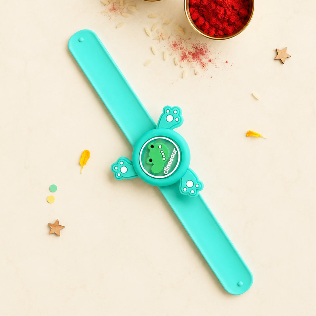 Handmade Dinosaur Spinner Silicone Slap Band Rakhi For Kids With Light & Roli Chawal For Brother
