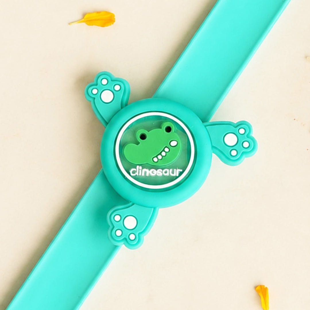 Handmade Dinosaur Spinner Silicone Slap Band Rakhi For Kids With Light & Roli Chawal For Brother