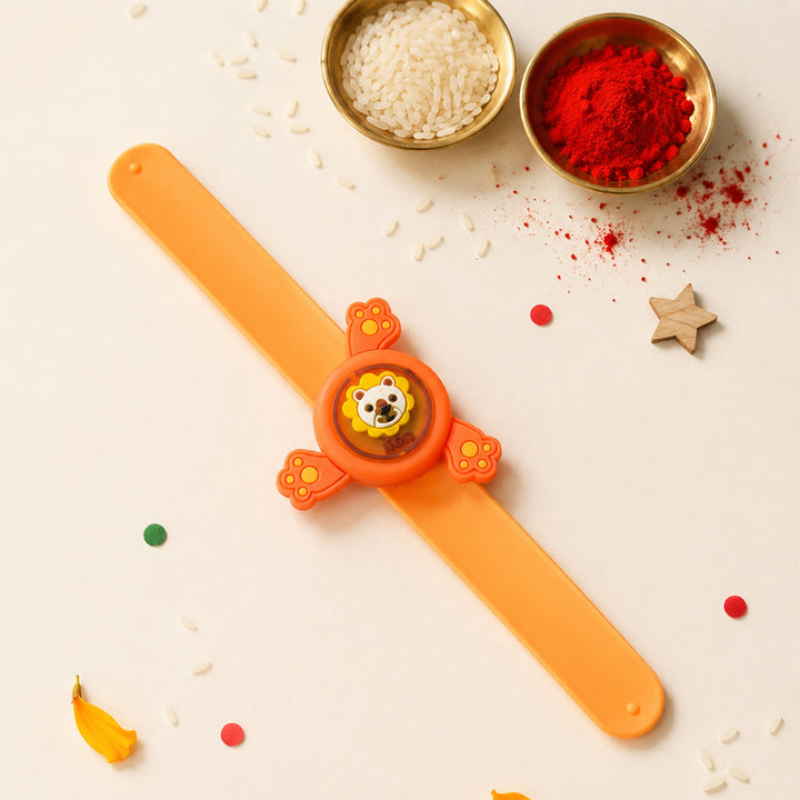 Handmade Lion Spinner Silicone Slap Band Rakhi For Kids With Roli Chawal For Brother