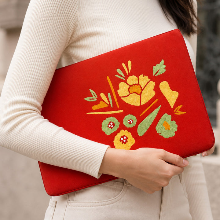 Corsage Aari Embroidered Red Floral Laptop Sleeve