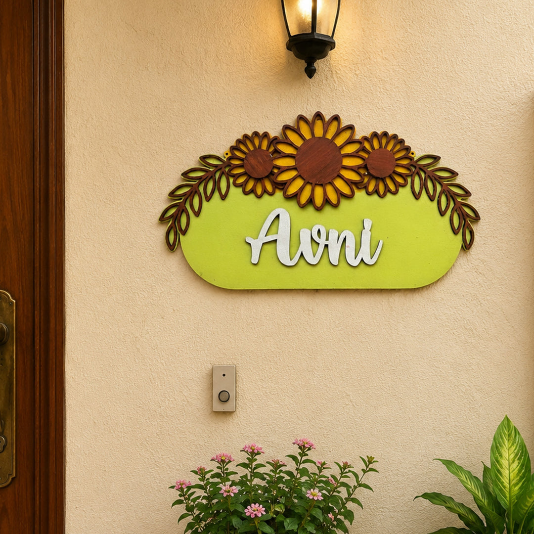Personalised Sunflower Wooden Name Plate | 12 inch