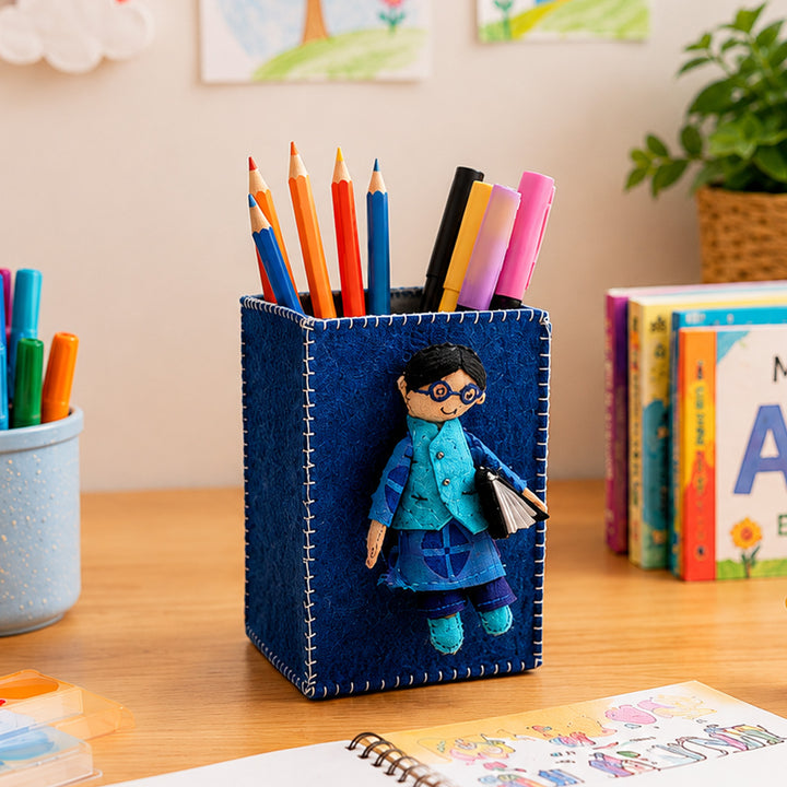 Handmade Navy Blue Pen Stand with Detachable Azad Doll