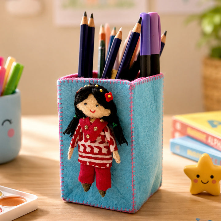 Handmade Turquoise & Pink Pen Stand with Detachable Veera Doll