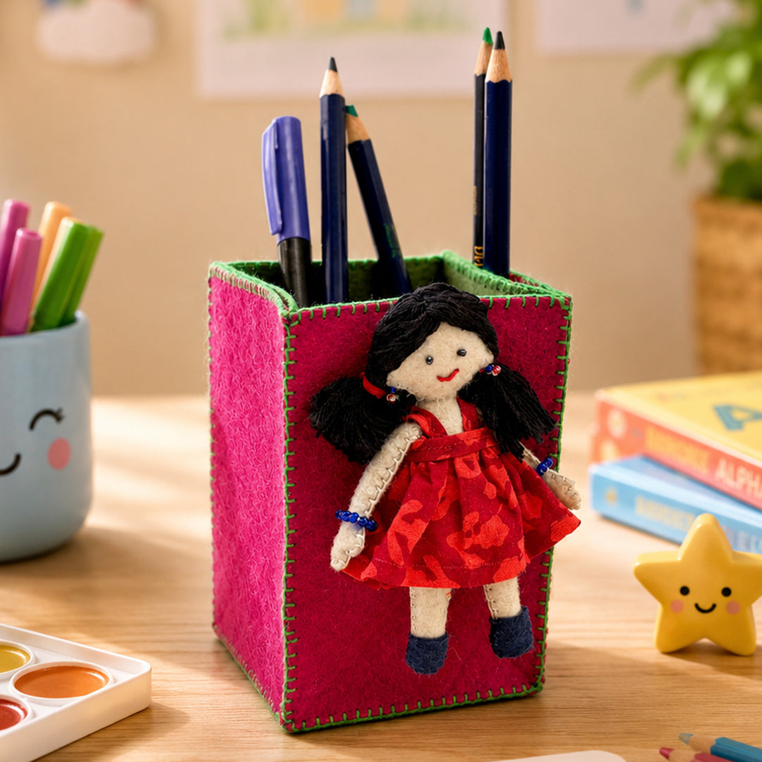 Handmade Pink & Green Pen Stand with Detachable Zoya Doll