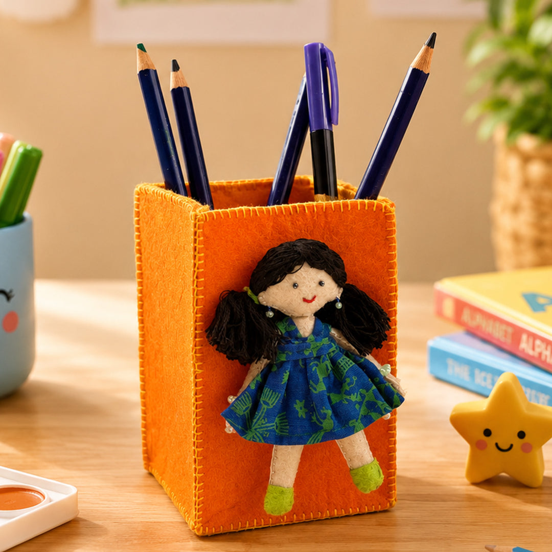 Handmade Orange & Yellow Pen Stand with Detachable Zoya Doll