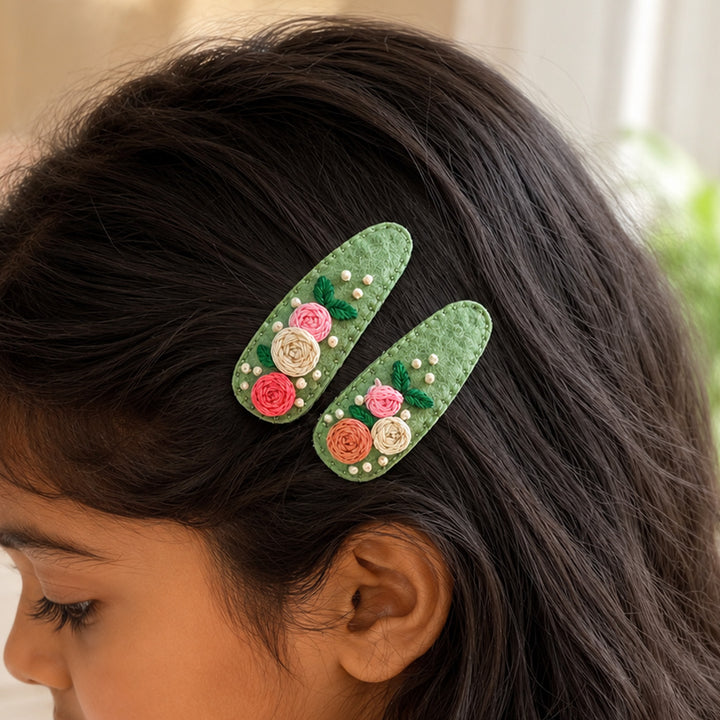 Hand-Embroidered Roses & Knots Hair Clips | Set of 2