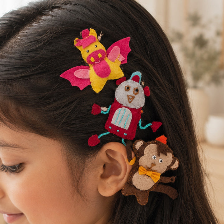 Handmade Dragon, Robot & Monkey Hair Clips | Set of 3