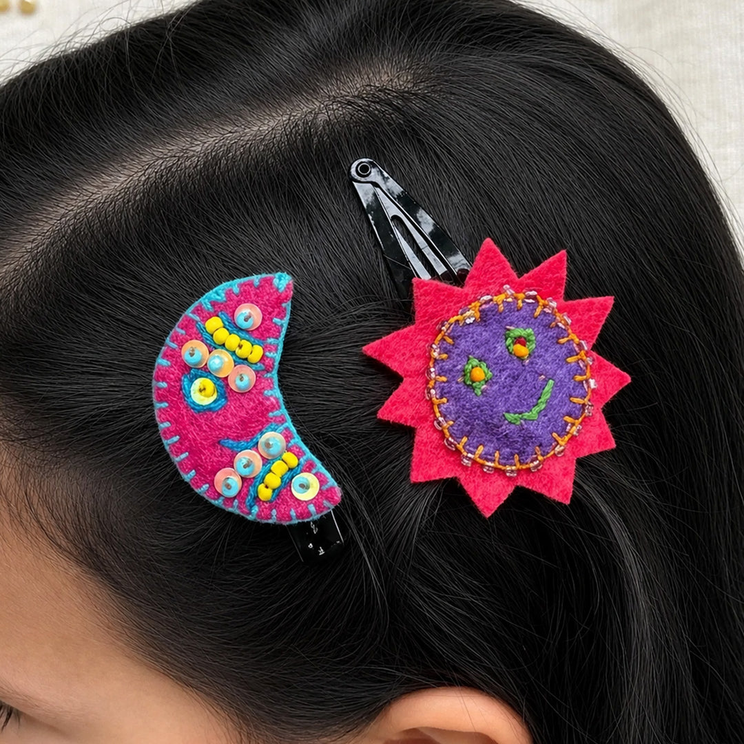 Handmade Violet & Pink Sun Moon Hair Clips | Set of 2