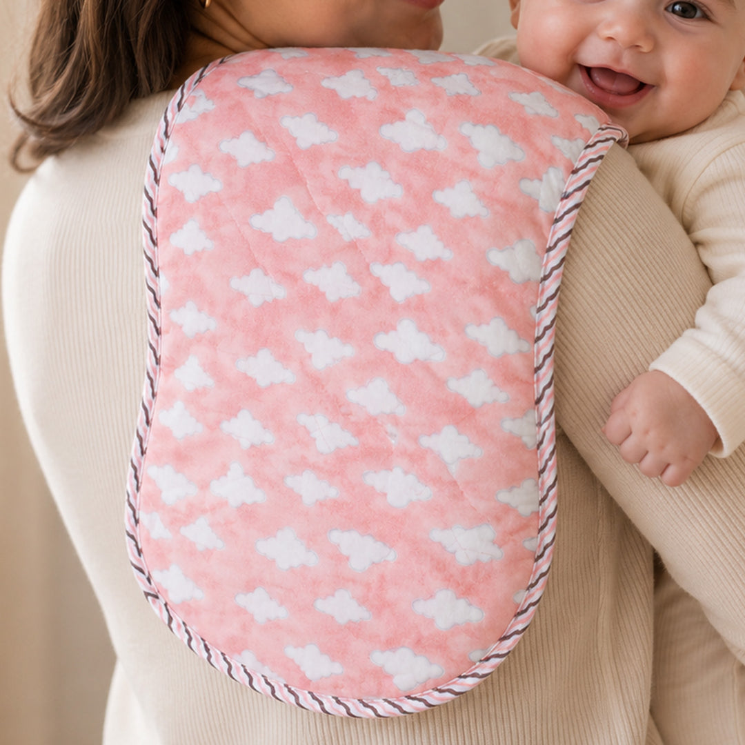 Block Printed Pink Puffy Burp Cloth