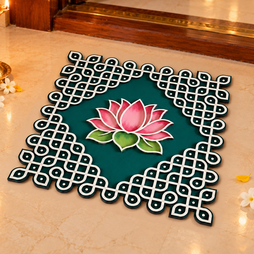 Hand-Painted Kolam With Lotus Mdf Rangoli For Festive Decor