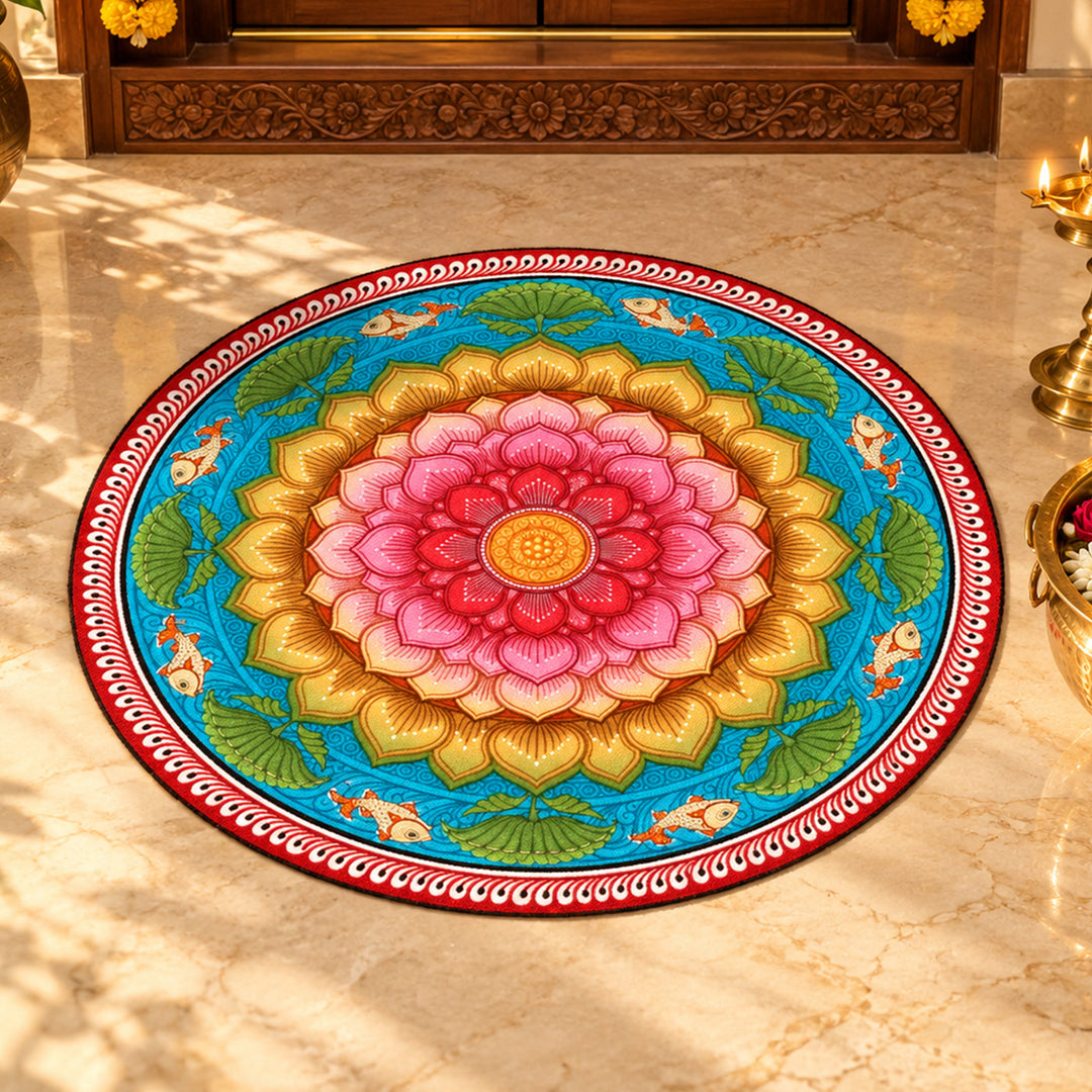24 Inch | Reusable Handmade Kamalmandal Fabric Rangoli Mat for Festive Entrance Decor