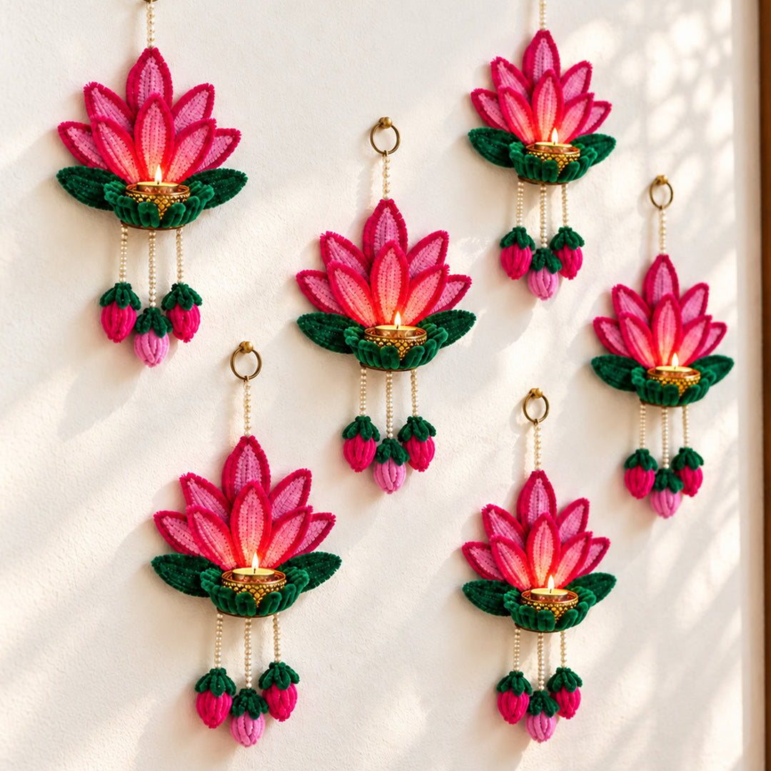 2 Pc | Handmade Pipe Cleaner Pink Lotus Wall Hanging With Tealight Holder, Pearl Strings & Lotus Buds For Festive Decor