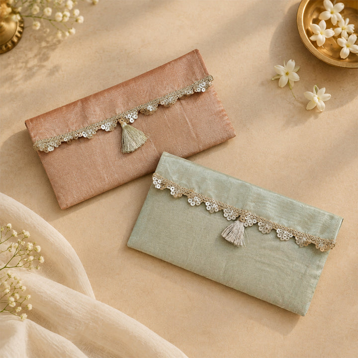 Set Of 2 | "Scallop" Handcrafted Tissue Fabric Gift Envelopes With Gota Edging And Tassel Detailing For Festive Gifting