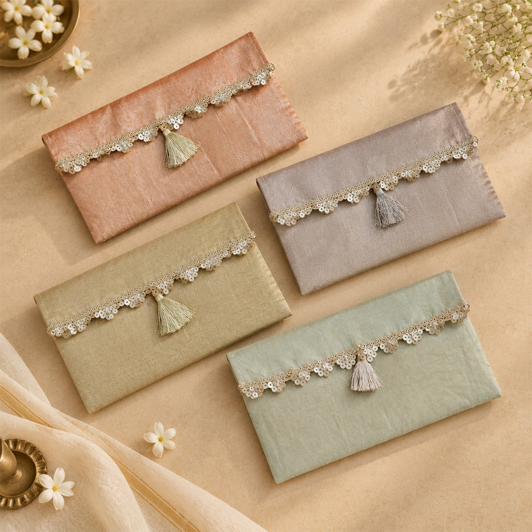 Set Of 2 | "Scallop" Handcrafted Tissue Fabric Gift Envelopes With Gota Edging And Tassel Detailing For Festive Gifting