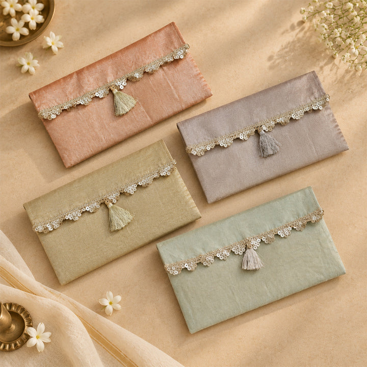 Set Of 2 | "Scallop" Handcrafted Tissue Fabric Gift Envelopes With Gota Edging And Tassel Detailing For Festive Gifting