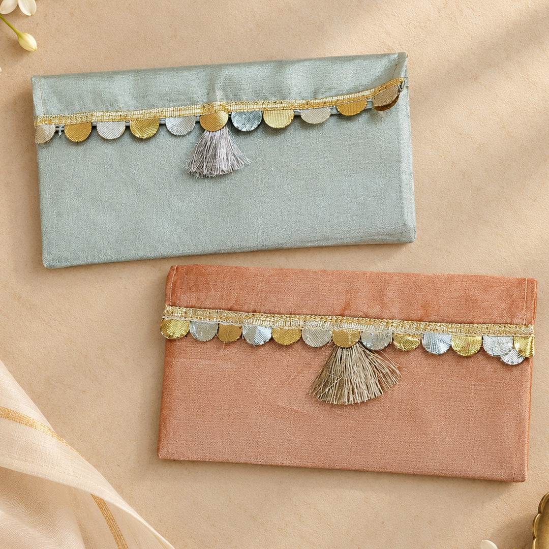 Set Of 2 "Sitara" Handcrafted Tissue Fabric Gift Envelopes With Gota Trim And Tassel Detailing For Festive Gifting