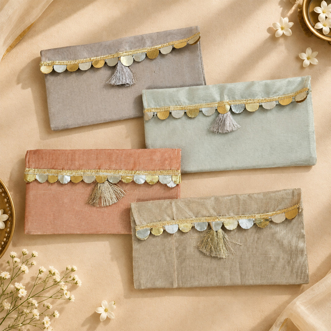 Set Of 2 "Sitara" Handcrafted Tissue Fabric Gift Envelopes With Gota Trim And Tassel Detailing For Festive Gifting