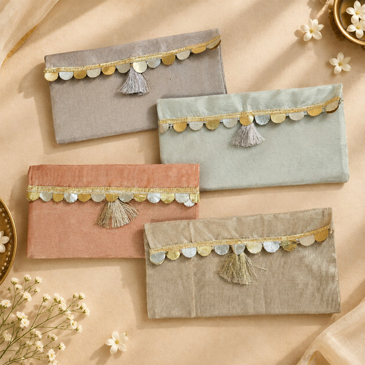 Set Of 2 "Sitara" Handcrafted Tissue Fabric Gift Envelopes With Gota Trim And Tassel Detailing For Festive Gifting