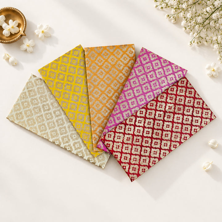 Set Of 5 "Mughal Boota" Screen Printed Handmade Paper Gift Envelopes With Flap Closure For Festive Gifting
