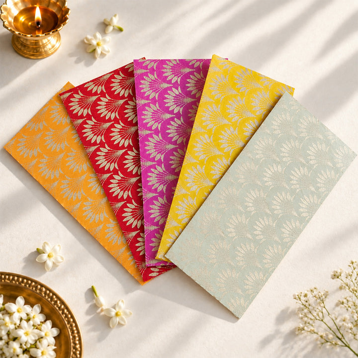 Set Of 5 "Palm Tree" Screen Printed Handmade Paper Gift Envelopes With Flap Closure For Festive Gifting