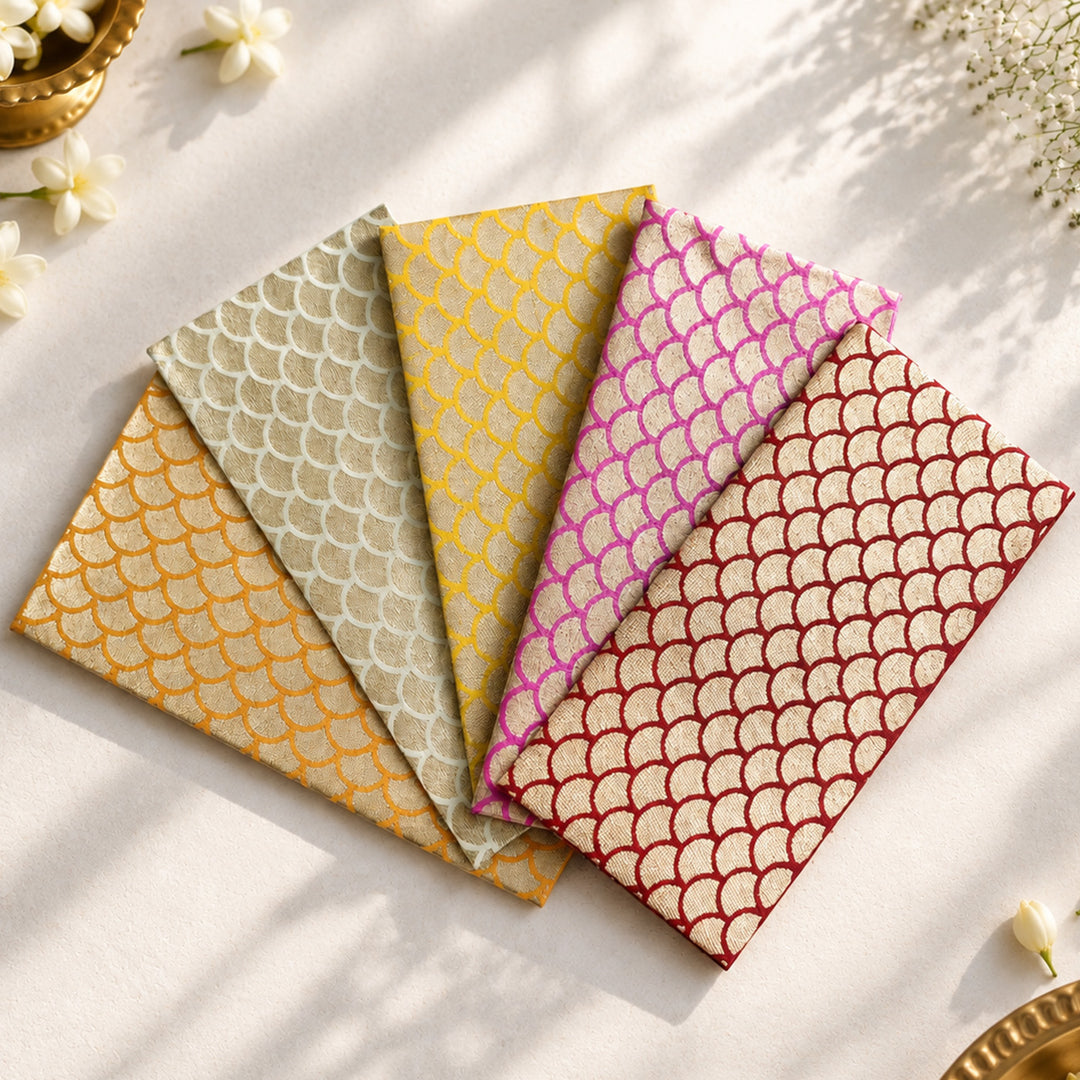 Set Of 5 "Fish Scale" Screen Printed Handmade Paper Gift Envelopes With Flap Closure For Festive Gifting