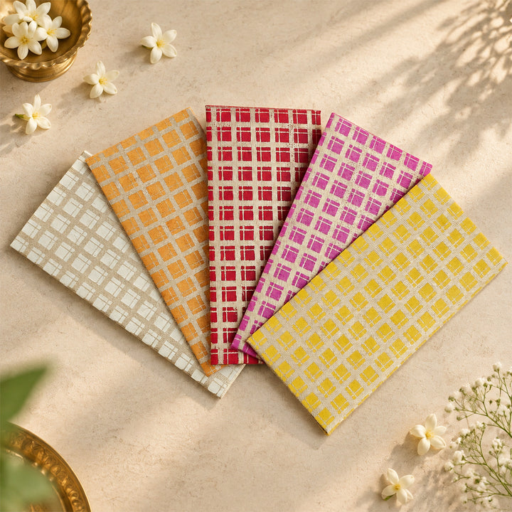 Set Of 5 "Checks" Screen Printed Handmade Paper Gift Envelopes With Flap Closure For Festive Gifting