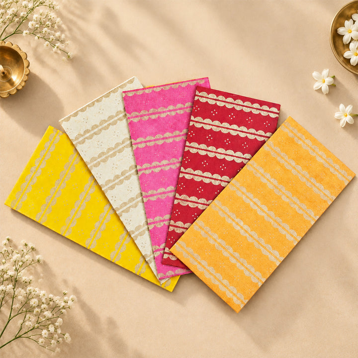 Set Of 5 "Lace" Screen Printed Handmade Paper Gift Envelopes With Flap Closure For Festive Gifting